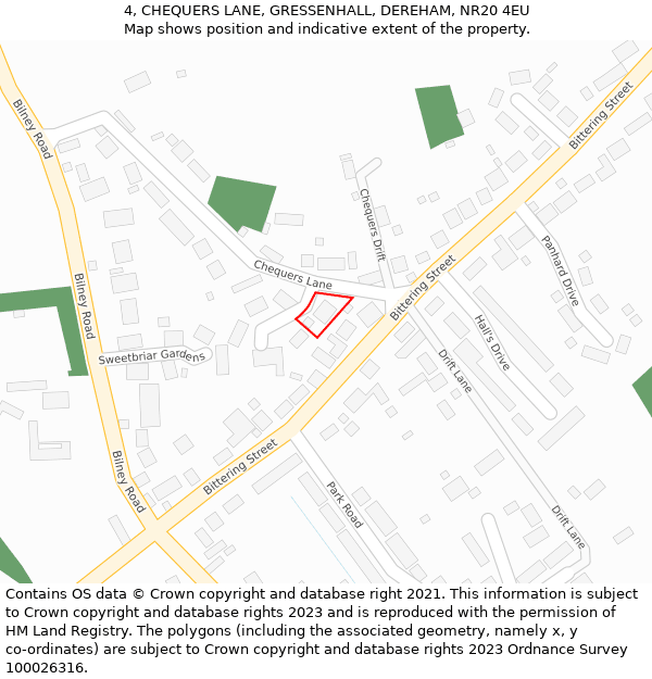 4, CHEQUERS LANE, GRESSENHALL, DEREHAM, NR20 4EU: Location map and indicative extent of plot