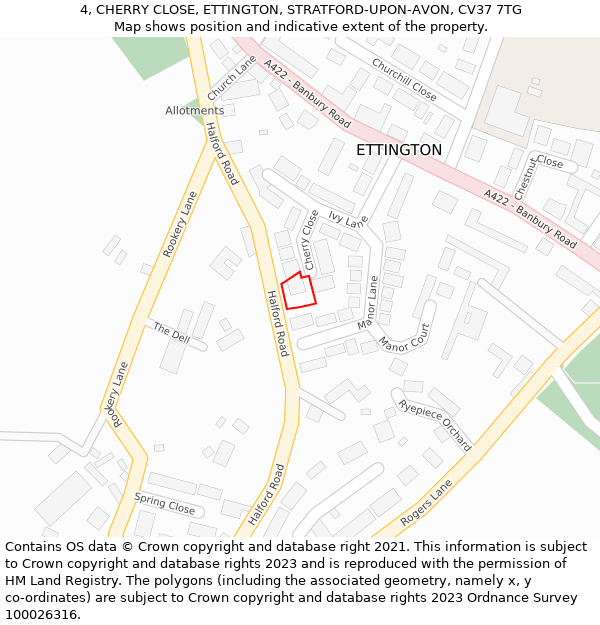 4, CHERRY CLOSE, ETTINGTON, STRATFORD-UPON-AVON, CV37 7TG: Location map and indicative extent of plot