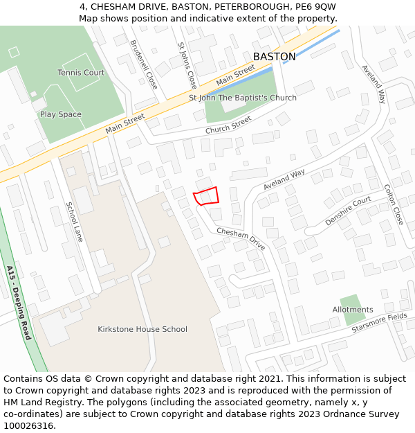 4, CHESHAM DRIVE, BASTON, PETERBOROUGH, PE6 9QW: Location map and indicative extent of plot