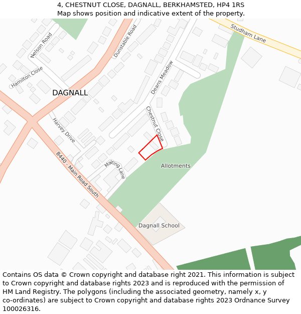 4, CHESTNUT CLOSE, DAGNALL, BERKHAMSTED, HP4 1RS: Location map and indicative extent of plot