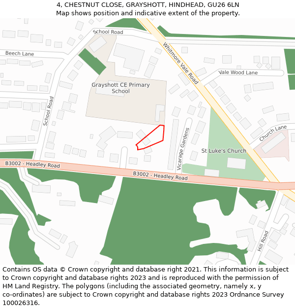 4, CHESTNUT CLOSE, GRAYSHOTT, HINDHEAD, GU26 6LN: Location map and indicative extent of plot