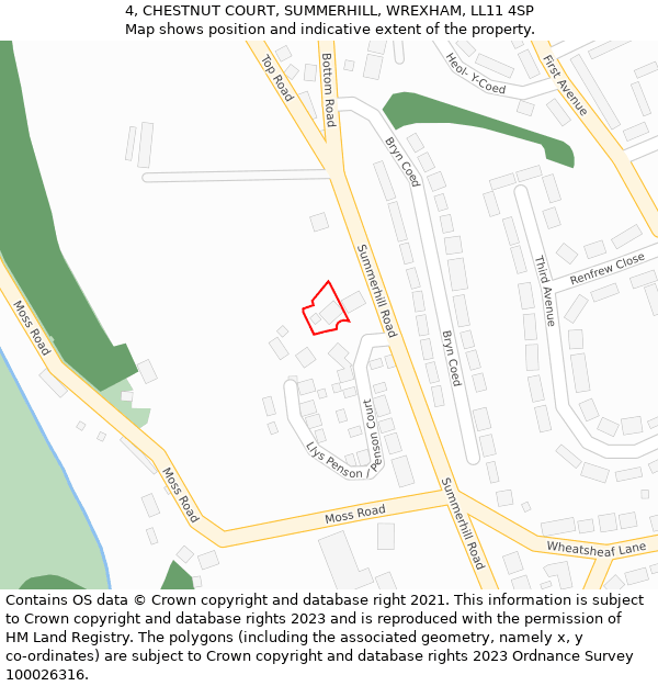 4, CHESTNUT COURT, SUMMERHILL, WREXHAM, LL11 4SP: Location map and indicative extent of plot