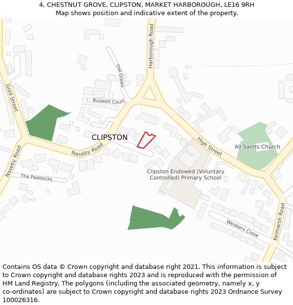 4, CHESTNUT GROVE, CLIPSTON, MARKET HARBOROUGH, LE16 9RH: Location map and indicative extent of plot