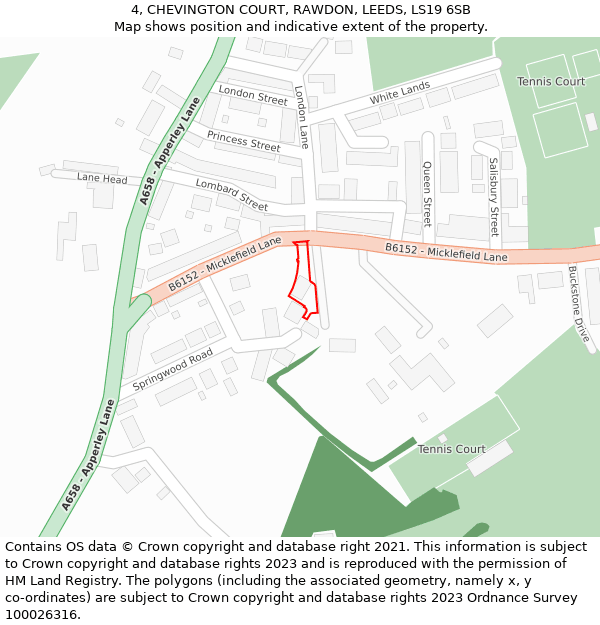 4, CHEVINGTON COURT, RAWDON, LEEDS, LS19 6SB: Location map and indicative extent of plot