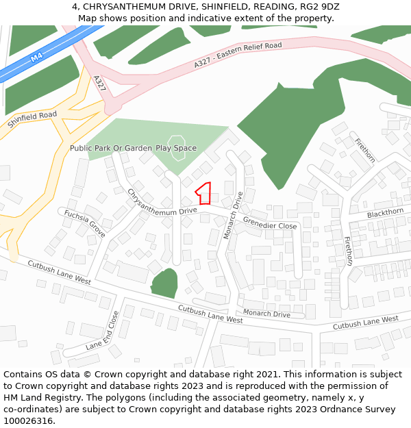 4, CHRYSANTHEMUM DRIVE, SHINFIELD, READING, RG2 9DZ: Location map and indicative extent of plot