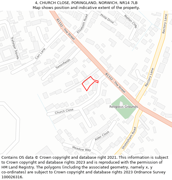 4, CHURCH CLOSE, PORINGLAND, NORWICH, NR14 7LB: Location map and indicative extent of plot