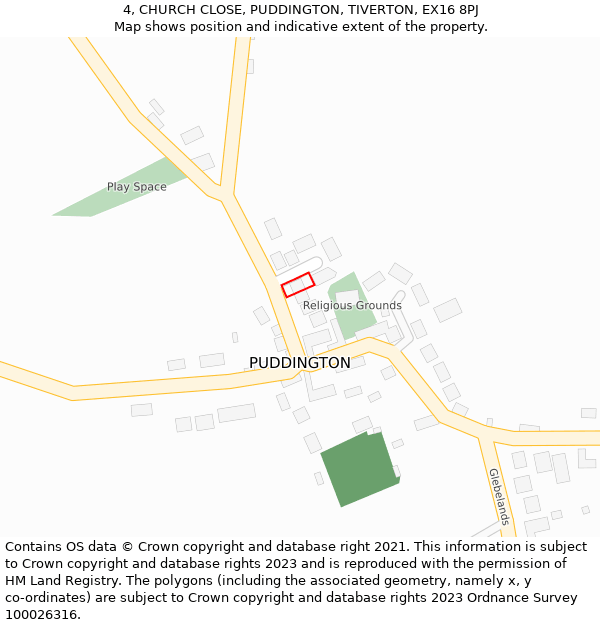 4, CHURCH CLOSE, PUDDINGTON, TIVERTON, EX16 8PJ: Location map and indicative extent of plot