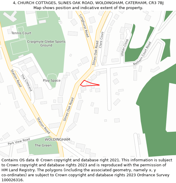 4, CHURCH COTTAGES, SLINES OAK ROAD, WOLDINGHAM, CATERHAM, CR3 7BJ: Location map and indicative extent of plot