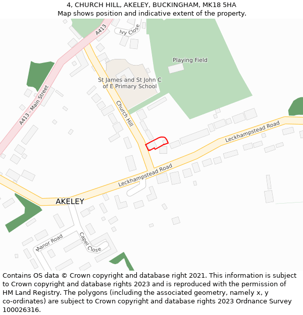 4, CHURCH HILL, AKELEY, BUCKINGHAM, MK18 5HA: Location map and indicative extent of plot