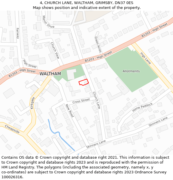 4, CHURCH LANE, WALTHAM, GRIMSBY, DN37 0ES: Location map and indicative extent of plot