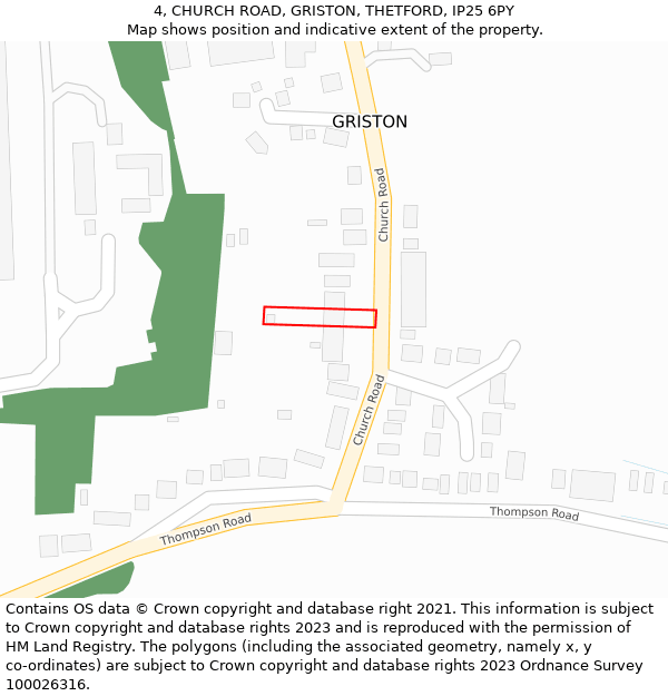 4, CHURCH ROAD, GRISTON, THETFORD, IP25 6PY: Location map and indicative extent of plot