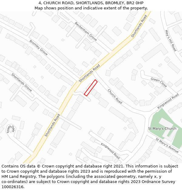4, CHURCH ROAD, SHORTLANDS, BROMLEY, BR2 0HP: Location map and indicative extent of plot