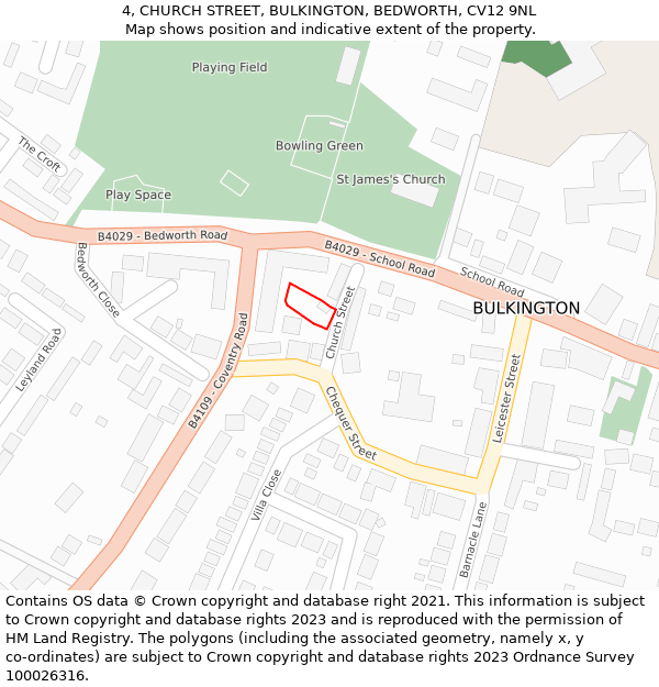4, CHURCH STREET, BULKINGTON, BEDWORTH, CV12 9NL: Location map and indicative extent of plot