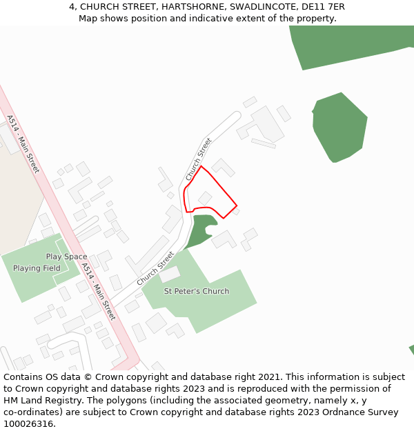 4, CHURCH STREET, HARTSHORNE, SWADLINCOTE, DE11 7ER: Location map and indicative extent of plot
