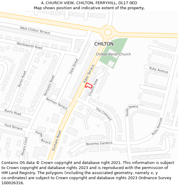 4, CHURCH VIEW, CHILTON, FERRYHILL, DL17 0ED: Location map and indicative extent of plot