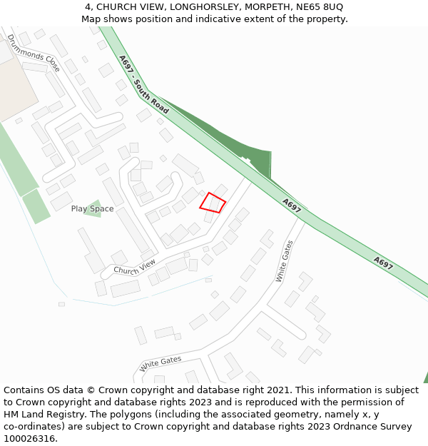 4, CHURCH VIEW, LONGHORSLEY, MORPETH, NE65 8UQ: Location map and indicative extent of plot