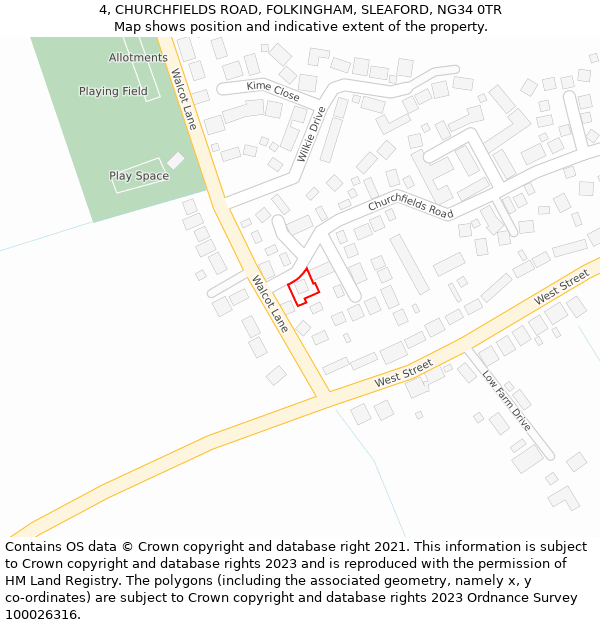 4, CHURCHFIELDS ROAD, FOLKINGHAM, SLEAFORD, NG34 0TR: Location map and indicative extent of plot