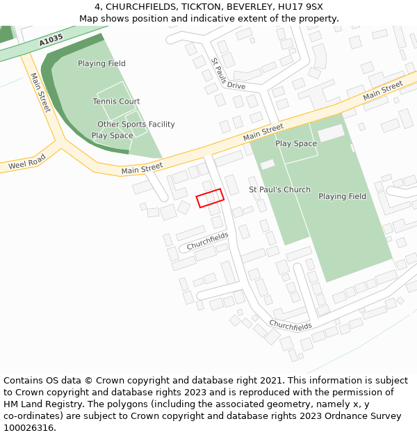 4, CHURCHFIELDS, TICKTON, BEVERLEY, HU17 9SX: Location map and indicative extent of plot