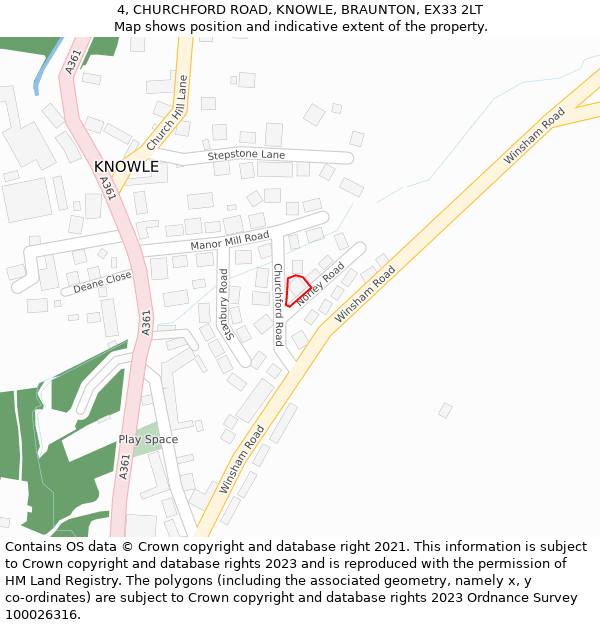 4, CHURCHFORD ROAD, KNOWLE, BRAUNTON, EX33 2LT: Location map and indicative extent of plot