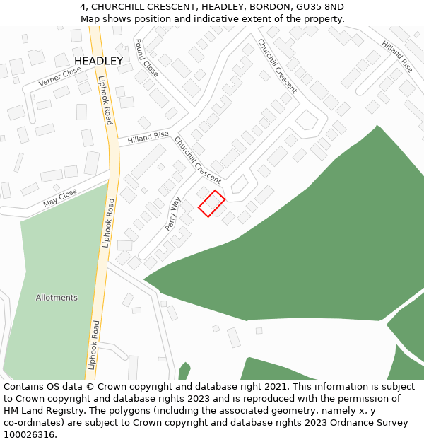 4, CHURCHILL CRESCENT, HEADLEY, BORDON, GU35 8ND: Location map and indicative extent of plot