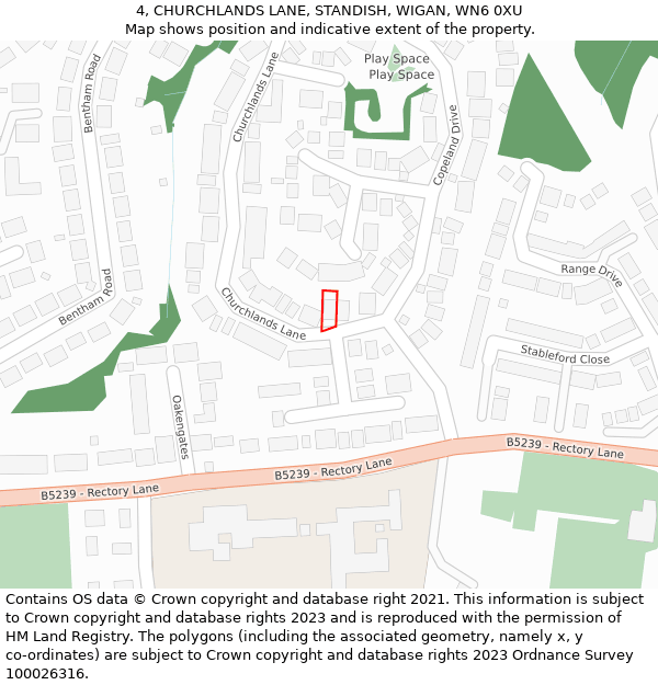 4, CHURCHLANDS LANE, STANDISH, WIGAN, WN6 0XU: Location map and indicative extent of plot