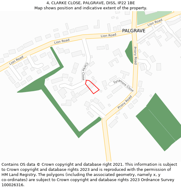 4, CLARKE CLOSE, PALGRAVE, DISS, IP22 1BE: Location map and indicative extent of plot