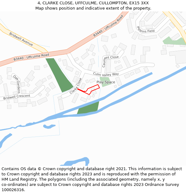 4, CLARKE CLOSE, UFFCULME, CULLOMPTON, EX15 3XX: Location map and indicative extent of plot