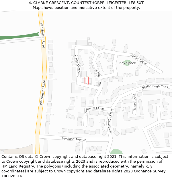 4, CLARKE CRESCENT, COUNTESTHORPE, LEICESTER, LE8 5XT: Location map and indicative extent of plot
