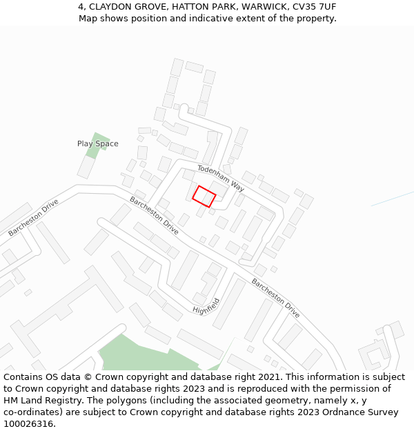 4, CLAYDON GROVE, HATTON PARK, WARWICK, CV35 7UF: Location map and indicative extent of plot