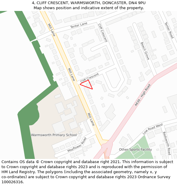 4, CLIFF CRESCENT, WARMSWORTH, DONCASTER, DN4 9PU: Location map and indicative extent of plot