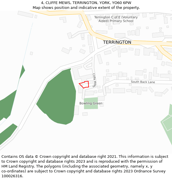 4, CLIFFE MEWS, TERRINGTON, YORK, YO60 6PW: Location map and indicative extent of plot