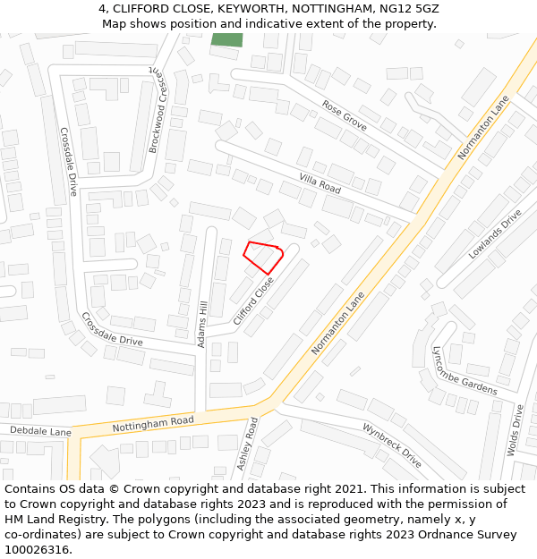 4, CLIFFORD CLOSE, KEYWORTH, NOTTINGHAM, NG12 5GZ: Location map and indicative extent of plot