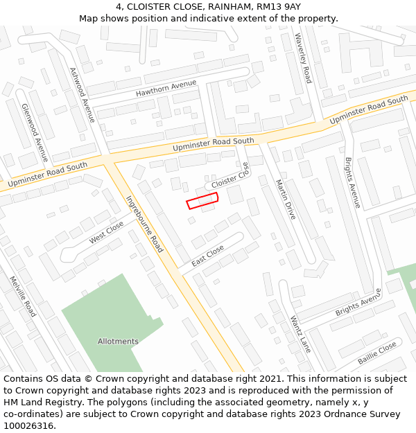 4, CLOISTER CLOSE, RAINHAM, RM13 9AY: Location map and indicative extent of plot