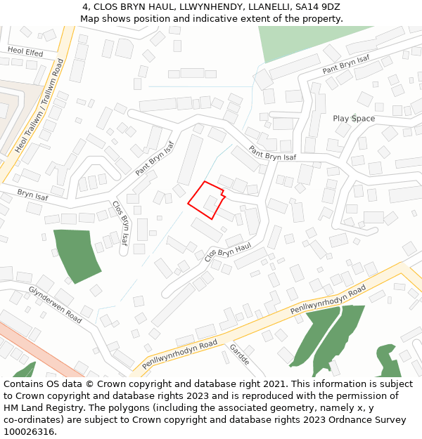 4, CLOS BRYN HAUL, LLWYNHENDY, LLANELLI, SA14 9DZ: Location map and indicative extent of plot