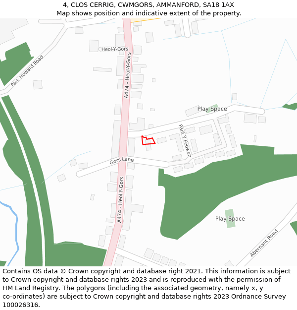 4, CLOS CERRIG, CWMGORS, AMMANFORD, SA18 1AX: Location map and indicative extent of plot