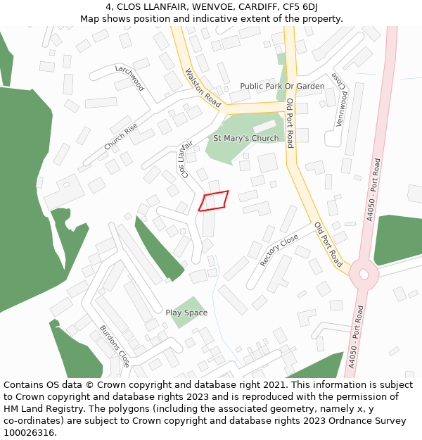 4, CLOS LLANFAIR, WENVOE, CARDIFF, CF5 6DJ: Location map and indicative extent of plot