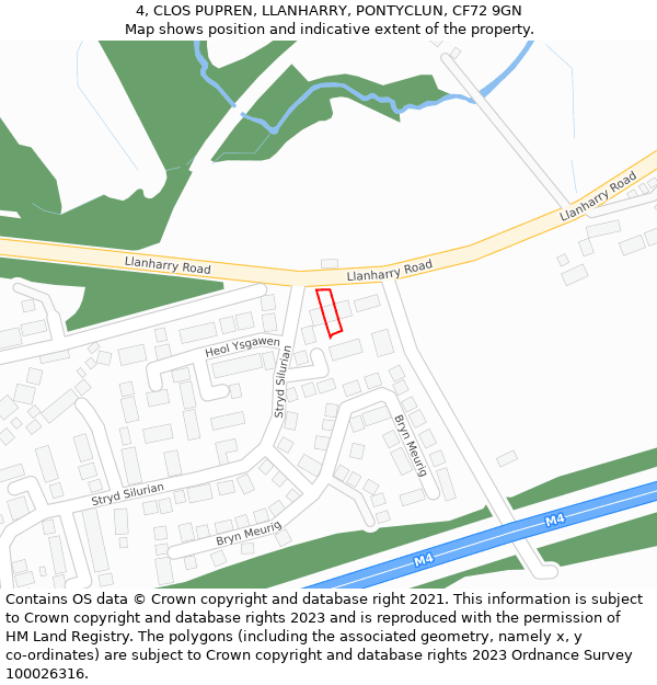 4, CLOS PUPREN, LLANHARRY, PONTYCLUN, CF72 9GN: Location map and indicative extent of plot