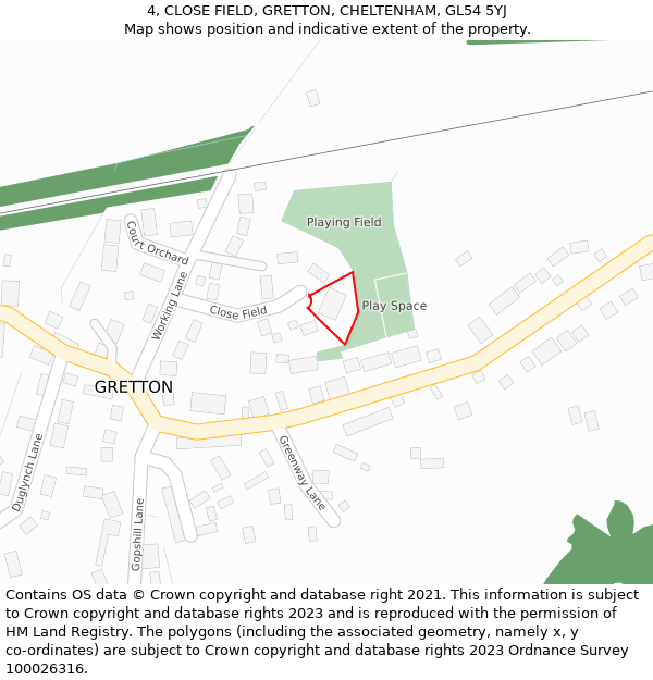 4, CLOSE FIELD, GRETTON, CHELTENHAM, GL54 5YJ: Location map and indicative extent of plot