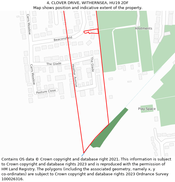 4, CLOVER DRIVE, WITHERNSEA, HU19 2DF: Location map and indicative extent of plot