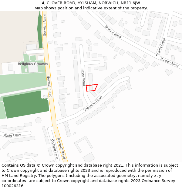 4, CLOVER ROAD, AYLSHAM, NORWICH, NR11 6JW: Location map and indicative extent of plot