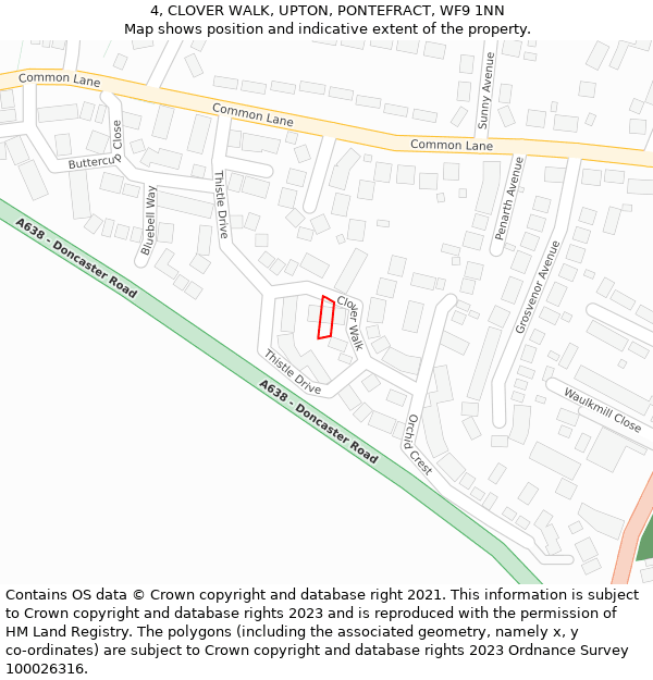 4, CLOVER WALK, UPTON, PONTEFRACT, WF9 1NN: Location map and indicative extent of plot