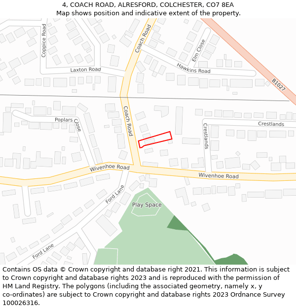 4, COACH ROAD, ALRESFORD, COLCHESTER, CO7 8EA: Location map and indicative extent of plot