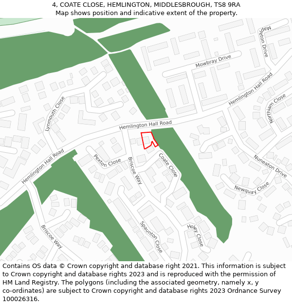 4, COATE CLOSE, HEMLINGTON, MIDDLESBROUGH, TS8 9RA: Location map and indicative extent of plot