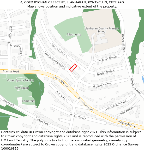 4, COED BYCHAN CRESCENT, LLANHARAN, PONTYCLUN, CF72 9PQ: Location map and indicative extent of plot