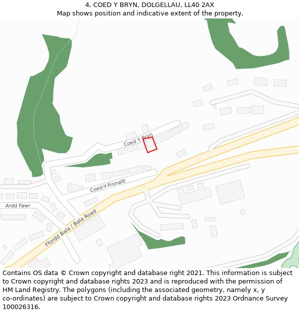 4, COED Y BRYN, DOLGELLAU, LL40 2AX: Location map and indicative extent of plot