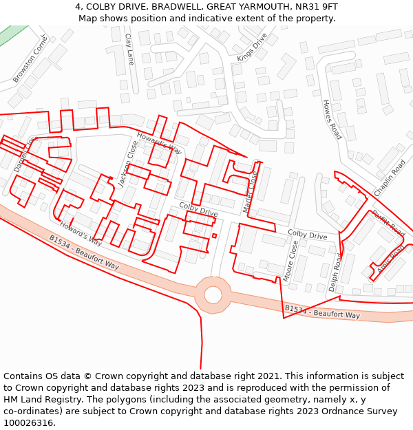 4, COLBY DRIVE, BRADWELL, GREAT YARMOUTH, NR31 9FT: Location map and indicative extent of plot