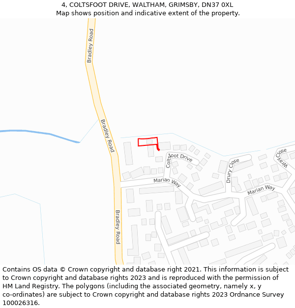 4, COLTSFOOT DRIVE, WALTHAM, GRIMSBY, DN37 0XL: Location map and indicative extent of plot