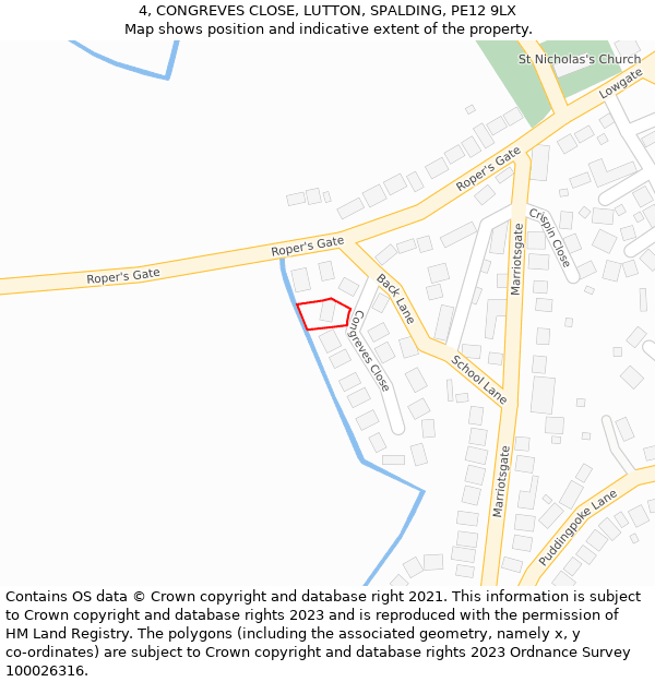 4, CONGREVES CLOSE, LUTTON, SPALDING, PE12 9LX: Location map and indicative extent of plot