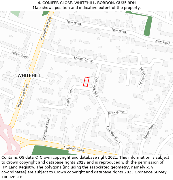 4, CONIFER CLOSE, WHITEHILL, BORDON, GU35 9DH: Location map and indicative extent of plot