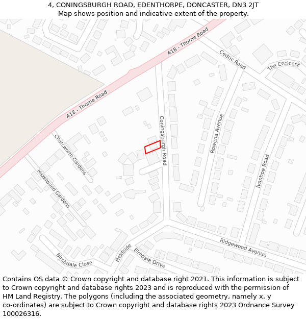 4, CONINGSBURGH ROAD, EDENTHORPE, DONCASTER, DN3 2JT: Location map and indicative extent of plot